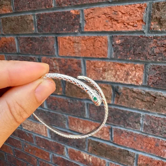 Serpenti Snake Silver Waterproof Green Eyes Cuff Bracelet - Picture 12 of 14